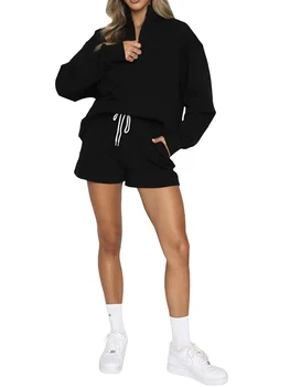 Спортни костюми за жени, 2 броя, яката на ревера на мълния, hoody с дълъг ръкав, къси панталони с висока талия, спортно облекло, облекло за почивка