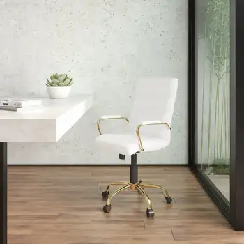 Стол за управител от бяла мека кожа със средна облегалка, завъртащо се офис стол със златна рамка и подлакътници, трапезни столове на открито, акрилни скандинавски стол Cha