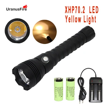 Суперяркий led фенерче XHP70.2 за гмуркане, жълта светлина, 4000 лумена, тактически фенер 26650, подводен 100 м, xhp70 light