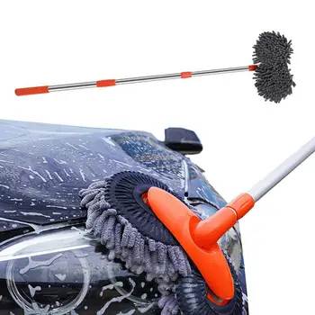 Телескопична четка за почистване на автомобил, рукавица за измиване на автомобила, с регулируема по дължина на дълга дръжка и въртящ се на 360 градуса почистването глава, телескопична машина