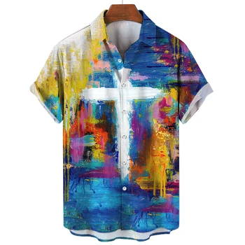 Тениска за мъже, модни хавайски цветен мъжки дрехи с преминаването принтом, улични дизайнерски блузи, Ежедневни свободна риза оверсайз с къс ръкав