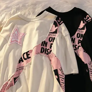 Тениска с изображение на ретро звезди, дамски тениски в стил харадзюку, хип-хоп, извънгабаритни тениски с къс ръкав, лятна ежедневни двойка, върхове Y2K, градинска дрехи, дамски