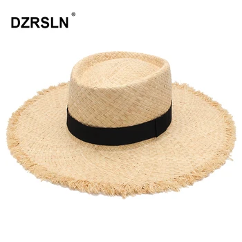 Тканая плажна шапка с вдлъбнати отгоре и голяма периферия, вълнена шапка слама от рифии, дамски модни декоративна шапка срещу слънце от плат за почивка