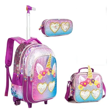 Училищен раница за количка, чанта за обяд, набор от училищни раници на колела, студентски училищна количка, чанта-раница за момичета