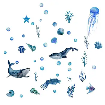Флуоресцентни сребристи стикери за стена, светещи в тъмното, подводен свят на морето, стикер на стената, светещ риба, костенурки, медуза, стена