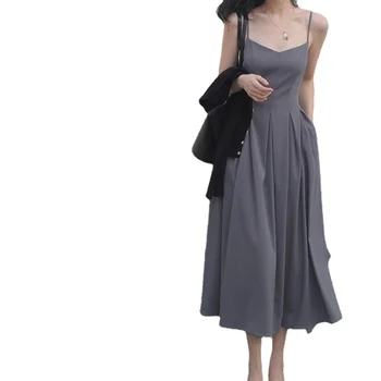 Френското винтажное женствена рокля на подтяжках 2023, пролет-лято рокля Pure Desire с V-образно деколте, плиссированная пола MIDI за отслабване, пола-миди с гънки на талията