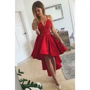 Червена рокля с тънки спагети презрамки с дантелен аппликацией следа, късо и дълго отзад, коктейл рокли за партита, рокли за официални събития