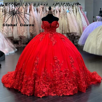Червена топка принцеса рокля с открити рамене, пищни дрехи за момичета с аппликацией от мъниста, рокли за парти за рожден ден, рокли за абитуриентски бал, халат Де