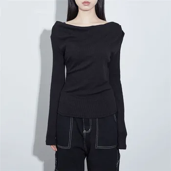 Черна тениска PASSIONNE за жени с лодка деколте и дълъг ръкав, тънки блузи, дамски есен базова мода 2023, новост