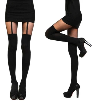 Черни дамски убеждава прозрачни чорапогащи на подтяжках, котешки чорапогащи, чорапи, стръмни прозрачни чорапи над коляното в двойна ивица, прозрачни чорапогащи