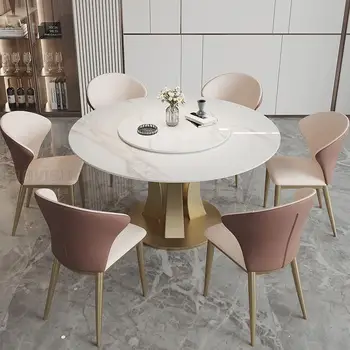 Ярък кръгла маса за хранене в центъра, въртяща маса, модерен минималистичен италиански лампа, луксозна висококачествена мраморна маса, модерни мебели