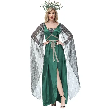 Гръцката митология, cosplay костюм на Медуза, зелено дълга рокля с висока цепка, костюми за партита Гръцката митология, cosplay костюм на Медуза, зелено дълга рокля с висока цепка, костюми за партита 1