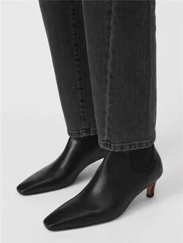 Дамски къси ботуши от естествена кожа, черни на цвят, с квадратни пръсти, дамски универсална обувки на тънък ток, есен-зима 2023 година Дамски къси ботуши от естествена кожа, черни на цвят, с квадратни пръсти, дамски универсална обувки на тънък ток, есен-зима 2023 година 1
