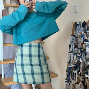 Пролетно-есенен дамски скъпа пола от две части в западен стил, нови костюми, корейската свободна тениска с дълъг ръкав + клетчатая чанта, модерен пола Пролетно-есенен дамски скъпа пола от две части в западен стил, нови костюми, корейската свободна тениска с дълъг ръкав + клетчатая чанта, модерен пола 1