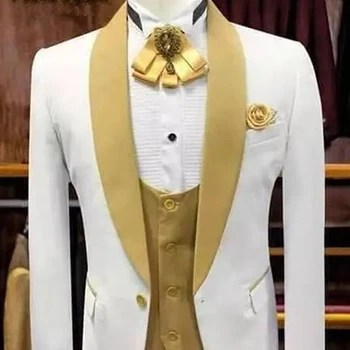 Бял сватбен смокинг на младоженеца със златен елек, приталенные мъжки костюми, 3 предмет, направен по поръчка, яке, панталони, мъжки моден костюм Бял сватбен смокинг на младоженеца със златен елек, приталенные мъжки костюми, 3 предмет, направен по поръчка, яке, панталони, мъжки моден костюм 2
