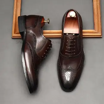 Мъжки официалната обувки от естествена кожа ръчно изработени, класически oxfords от естествена кожа, бизнес и сватбени модела обувки Юнеца на дантела-за мъже Мъжки официалната обувки от естествена кожа ръчно изработени, класически oxfords от естествена кожа, бизнес и сватбени модела обувки Юнеца на дантела-за мъже 2