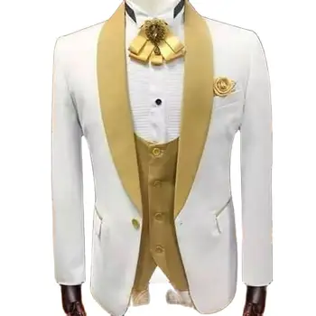 Бял сватбен смокинг на младоженеца със златен елек, приталенные мъжки костюми, 3 предмет, направен по поръчка, яке, панталони, мъжки моден костюм Бял сватбен смокинг на младоженеца със златен елек, приталенные мъжки костюми, 3 предмет, направен по поръчка, яке, панталони, мъжки моден костюм 3