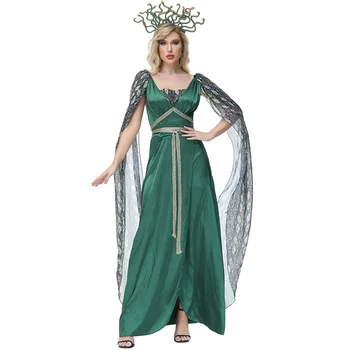 Гръцката митология, cosplay костюм на Медуза, зелено дълга рокля с висока цепка, костюми за партита Гръцката митология, cosplay костюм на Медуза, зелено дълга рокля с висока цепка, костюми за партита 3